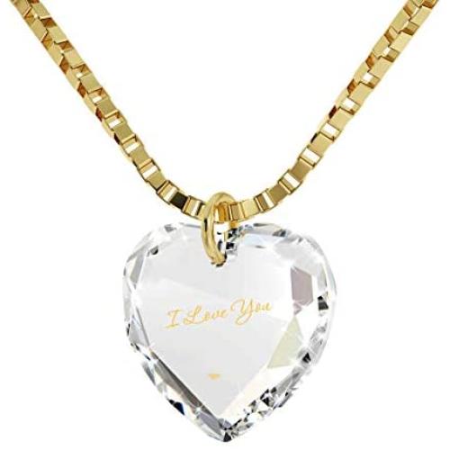 Tiny Heart Pendant Necklace 24k Gold Inscribed with I Love You on Crystal, 18'' Chain - NanoStyle Jewelry