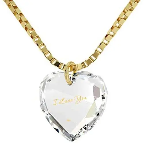 Tiny Heart Pendant Necklace 24k Gold Inscribed with I Love You on Crystal, 18'' Chain - NanoStyle Jewelry Tiny Heart Pendant Necklace 24k Gold Inscribed with I Love You on Crystal, 18'' Chain - NanoStyle Jewelry