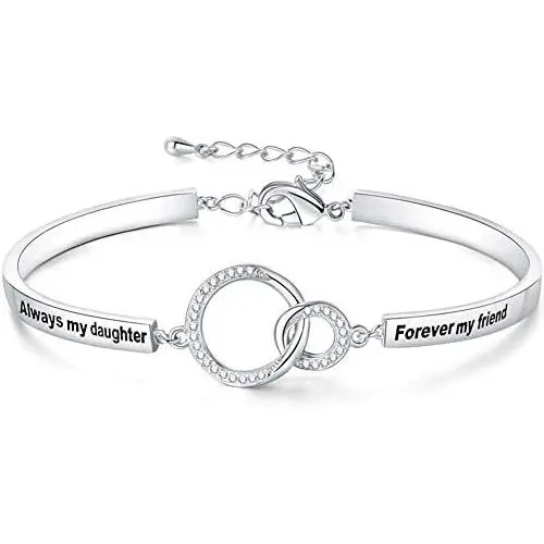 Ado Glo Mother’s Day Bracelet Gifts, Always My Daughter/Mom/Sister Forever My Friend Circles Bangle, White Gold Plated Fashion Jewelry, Birthday Anniversary for Women and Girls