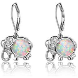 Elephant Earrings Women White Opal Leverback Earring Dangle Jewelry Hypoallergenic Lucky Gifts for Girls