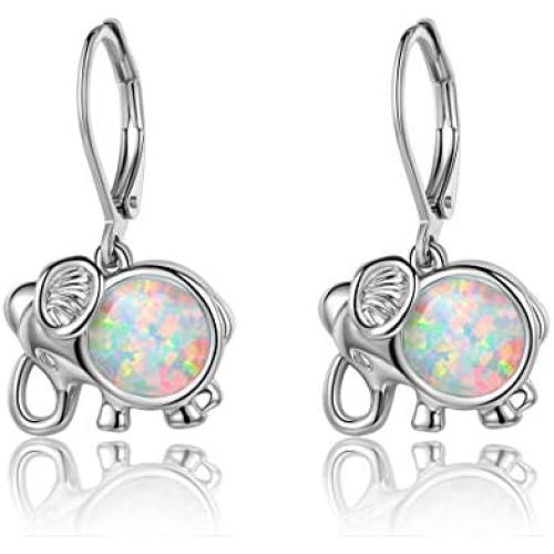 Elephant Earrings Women White Opal Leverback Earring Dangle Jewelry Hypoallergenic Lucky Gifts for Girls