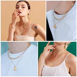 Set of 2 Dainty Gold Layered Necklace | Chunky Link Coin Pendant Necklace for Women Girls