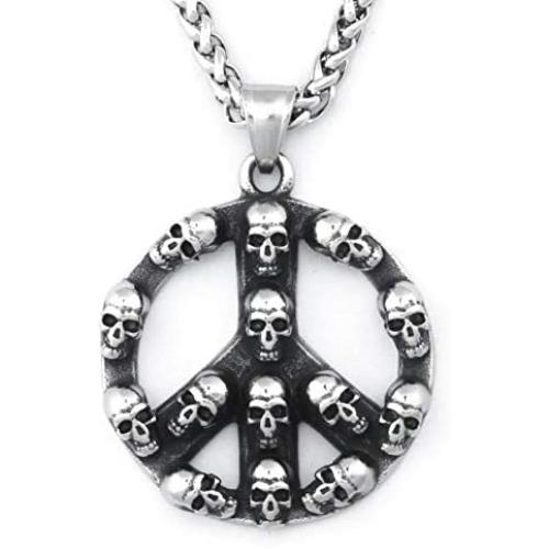 Warvik Hippie Peace and Love Symbol Pendant Necklace Silver Color, Stainless Steel Jewelry Men Women Wheat Chain 20/28 Inch