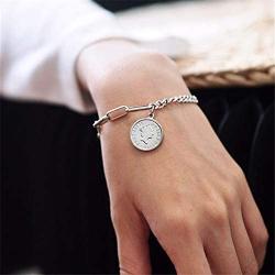 Fashion Link Charm Coin Bracelet for Women Girls Stainless Steel Asymmetrical Toggle Chain Queen Elizabeth Goddess Worship Celebrity Medallion Keepsake Dainty Jewelry Gifts