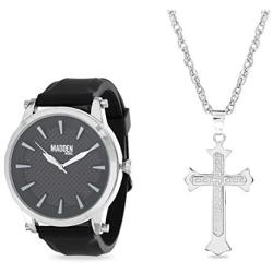 Steve Madden Rhodium Plated and Black Band Watch with Cross Pendant Necklace Jewelry Set For Men