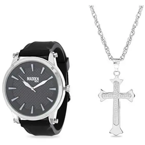Steve Madden Rhodium Plated and Black Band Watch with Cross Pendant Necklace Jewelry Set For Men