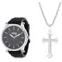 Steve Madden Rhodium Plated and Black Band Watch with Cross Pendant Necklace Jewelry Set For Men