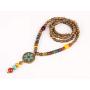 Handcrafted Wood Bead, Polymer Clay Embedded Metal Pendant Necklace With Turquoise Stone Drop