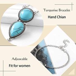 Campsis Boho Finger Ring Bracelet Turquoise Bracelet Silver Festival Hand Chain Decorative Jewelry for Women and Girls