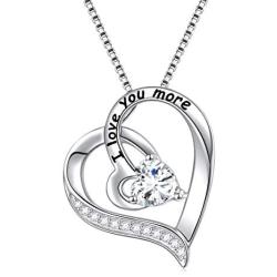 FLYOW I Love You More Heart Necklace for Women Girls Sterling Silver CZ Pendant, Best Valentines Mothers Day Jewelry Gifts