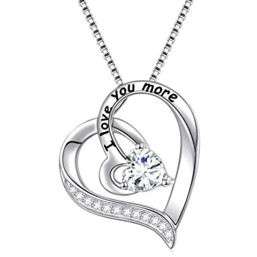 FLYOW I Love You More Heart Necklace for Women Girls Sterling Silver CZ Pendant, Best Valentines Mothers Day Jewelry Gifts