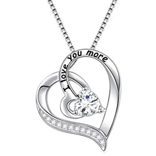 FLYOW I Love You More Heart Necklace for Women Girls Sterling Silver CZ Pendant, Best Valentines Mothers Day Jewelry Gifts