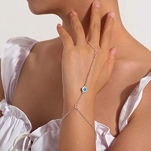 Yalice Evil Eye Finger Bracelet Ring Boho Hand Chains Slave Finger Chain Jewelry for Women and Girls (Silver)