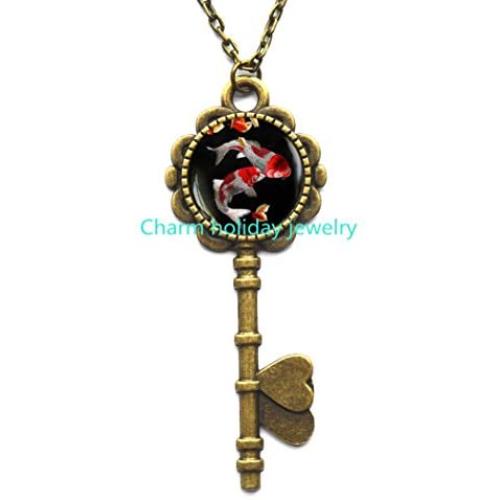 glass gem jewelry Koi Fish Key Necklace, Japanese Koi Fish, Japanese Art Key Pendant, Koi Fish Art, Asian Art Key Necklace，Q0093