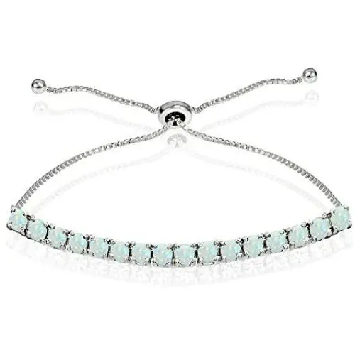 Sterling Silver 3mm Synthetic White Opal Round-cut Chain Adjustable Pull-String Bolo Slider Tennis Bracelet Sterling Silver 3mm Synthetic White Opal Round-cut Chain Adjustable Pull-String Bolo Slider Tennis Bracelet