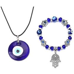 RUIZHEN 2 Pcs Blue Beads Evil Eyes Bracelet Hamsa Hand of Fatima Bracelet Glass Charm Evil Eye Leather Cord Necklace Protection Jewelry Set