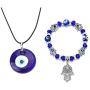 RUIZHEN 2 Pcs Blue Beads Evil Eyes Bracelet Hamsa Hand of Fatima Bracelet Glass Charm Evil Eye Leather Cord Necklace Protection Jewelry Set