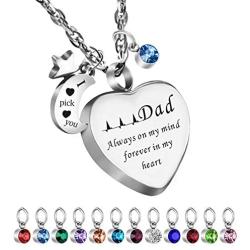 Dletay Cremation Urn Necklace with 12 Birthstones Heart Memorial Keepsakes Pendant Ashes Jewelry-Dad Always on My Mind, Forever in My Heart