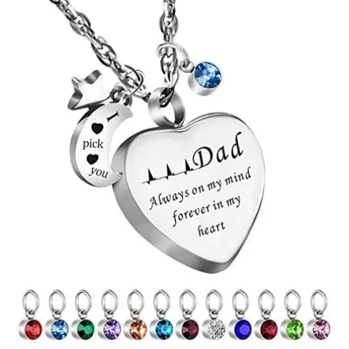 Dletay Cremation Urn Necklace with 12 Birthstones Heart Memorial Keepsakes Pendant Ashes Jewelry-Dad Always on My Mind, Forever in My Heart Dletay Cremation Urn Necklace with 12 Birthstones Heart Memorial Keepsakes Pendant Ashes Jewelry-Dad Always on My Mind, Forever in My Heart