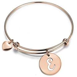 Zuo Bao Rose Gold Initial Disc Expandable Wire Bracelet Bangle with Heart Charm