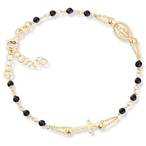 MiaBella 18K Gold Over 925 Sterling Silver Italian Natural Black Spinel Rosary Cross Charm Bead Bracelet for Women Teen Girls, Adjustable Link Chain 6 to 8 Inch Handmade in Italy