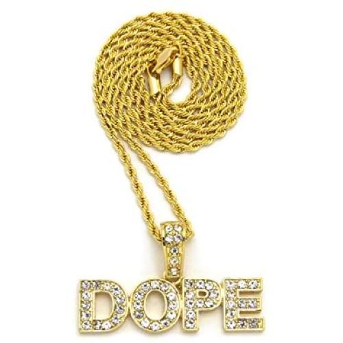 CBC Crown Stones Filled Hip Hop Words ASAP/DOPE Pendant in 24'' Cuban or Rope Chain Necklaces in Gold Tone