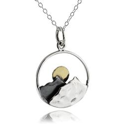 FashionJunkie4Life Sterling Silver Mountain Range Peaks Charm Necklace with Bronze Sun, 18'' Chain