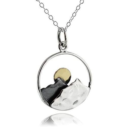 FashionJunkie4Life Sterling Silver Mountain Range Peaks Charm Necklace with Bronze Sun, 18'' Chain
