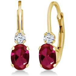 Gem Stone King 1.44 Ct Oval Red Created Ruby White Created Sapphire 14K Yellow Gold 3/4 Inch Earrings