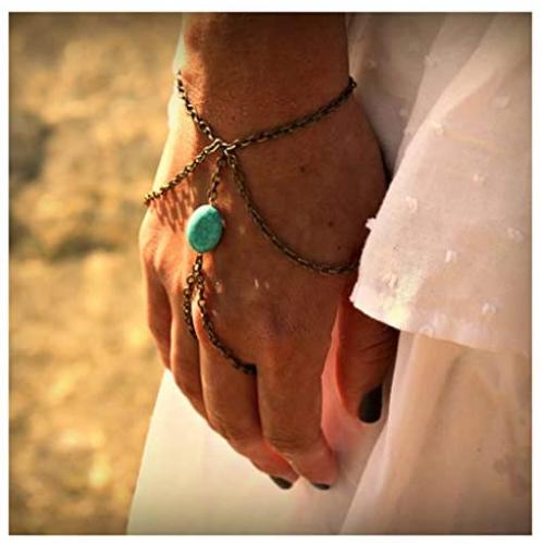 Olbye Turquoise Finger Ring Bracelet Bronze Slave Bracelet Hand Chain Personalize Everyday Jewelry for Women and Teen Girls