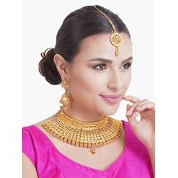 Crunchy Fashion Bollywood Style Traditional Indian Wedding Jewelry Necklace Earring with Maang Tikka Set for Women Girls