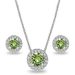 Sterling Silver Round Halo Necklace & Stud Earrings Set Made with Swarovski Crystals