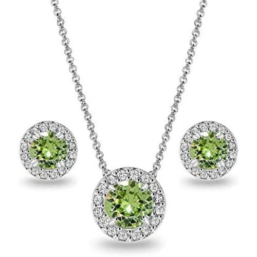 Sterling Silver Round Halo Necklace & Stud Earrings Set Made with Swarovski Crystals