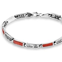 AeraVida Greek Key Labyrinth Reconstructed Red Coral Inlay .925 Sterling Silver Link Bracelet