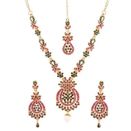 Touchstone Indian Bollywood Rhinestones Bridal Jewelry Necklace Set in Antique Gold Tone for Women