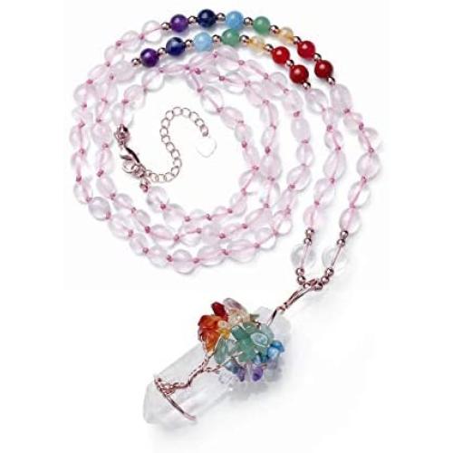 Top Plaza 7 Chakra Natural Healing Crystal Stone Bead Necklace Tree of Life Copper Wire Wrapped Gemstone Pendant Necklace Reiki Quartz Jewelry for Womens