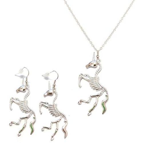 Silver Unicorn Skull Pendant Earrings Necklace Set Long Gothic Silver Snake God Unicorn Mens Halloween Accessories