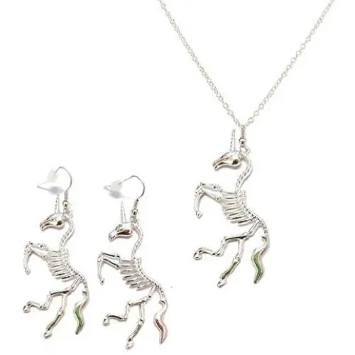 Silver Unicorn Skull Pendant Earrings Necklace Set Long Gothic Silver Snake God Unicorn Mens Halloween Accessories