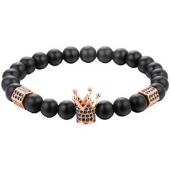 FUNEIA 2PCS 8mm Crown King Charm Beads Bracelet for Men Women Natural Black Matte Onyx Stone Beads, 7.5''