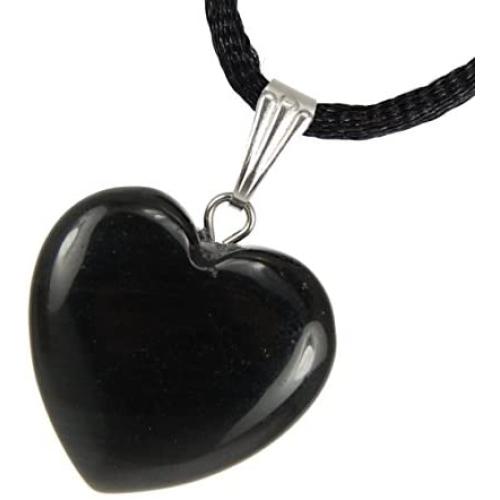 Steampunkers USA Big Heart Collection - 20mm Classic Obsidian Black - 20-22 inch Black Cord – Crystal Gemstone Carved Necklace Charm Handmade