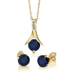 Gem Stone King 3.05 Ct Blue Sapphire Diamond 18K Yellow Gold Plated Silver Pendant Earrings Set