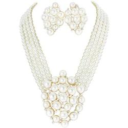 SP Sophia Collection Simulated Floral Pearl Blossom Multi Strand Necklace and Earring Set, Clip On Earring 2 Set