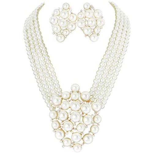 SP Sophia Collection Simulated Floral Pearl Blossom Multi Strand Necklace and Earring Set, Clip On Earring 2 Set