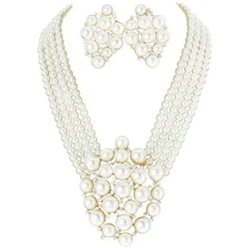 SP Sophia Collection Simulated Floral Pearl Blossom Multi Strand Necklace and Earring Set, Clip On Earring 2 Set