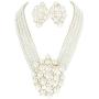 SP Sophia Collection Simulated Floral Pearl Blossom Multi Strand Necklace and Earring Set, Clip On Earring 2 Set