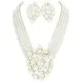 SP Sophia Collection Simulated Floral Pearl Blossom Multi Strand Necklace and Earring Set, Clip On Earring 2 Set