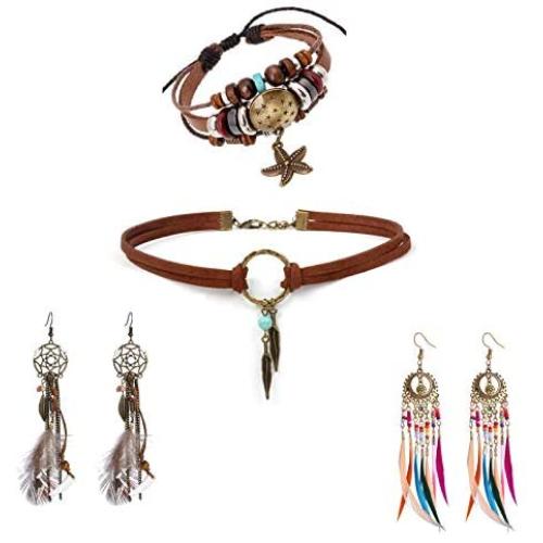 Bohemian Leather Jewelry Set Native American Jewelry Boho Leather Choker Necklace Dream Catcher Artificial Feather Dangling Earring Multilayer Starfish Leather Bracelet Jewelry Set for Women Girl