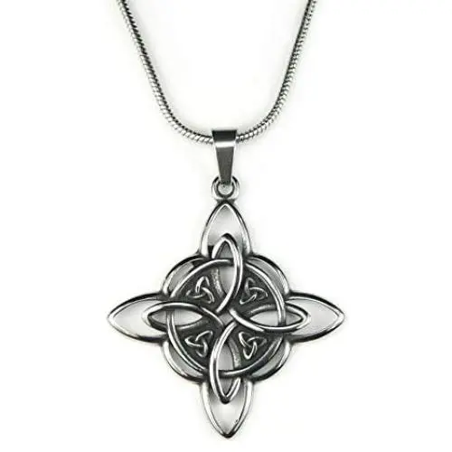 Witches Knot Necklace, with 18'' Snake chain, Witchs Star the Magic Knot Wiccan Pendant 4-Pointed Celtic Star Charm Triquetra Wicca Magick Pure Stainless