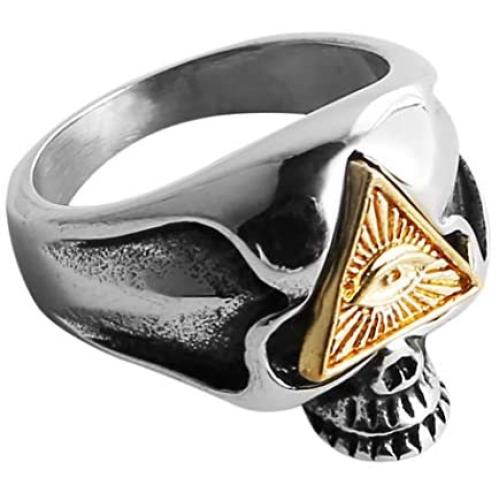 HZMAN Biker Cool Skull Rings for Men Women, Stainless Steel Band Illuminati The All-Seeing-Eye Pyramid/Eye Symbol Ring