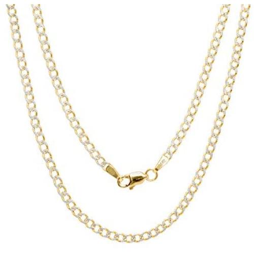 Nuragold 14k Yellow Gold 2.5mm Cuban Chain Curb Link Diamond Cut Pave Two Tone Pendant Necklace, Mens Womens Lobster Lock 16'' 18'' 20'' 22'' 24'' 26''